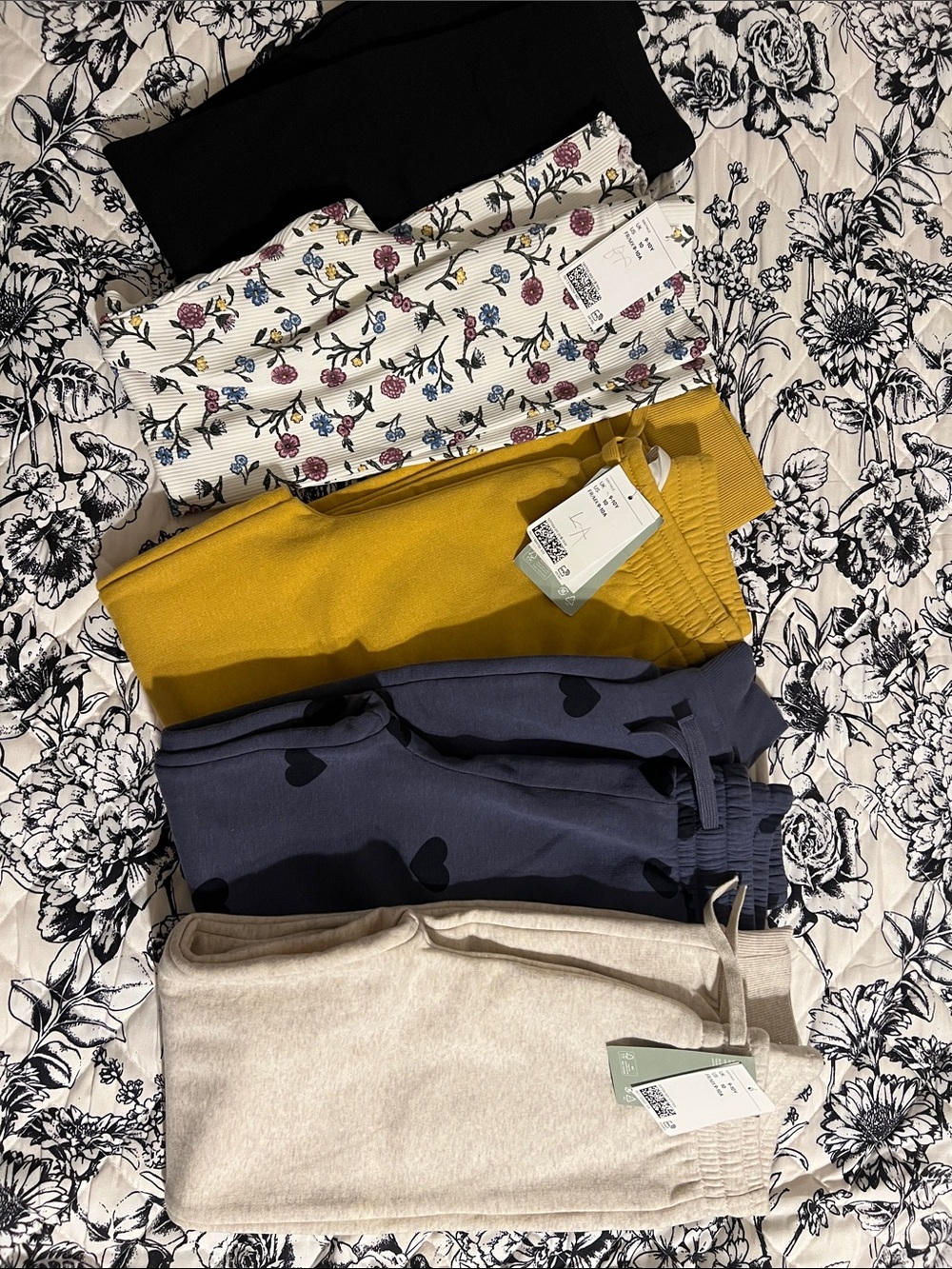 Kids Sweatpants Pack - Black, Floral on Cream, Mustard, Navy Heart, Oatmeal